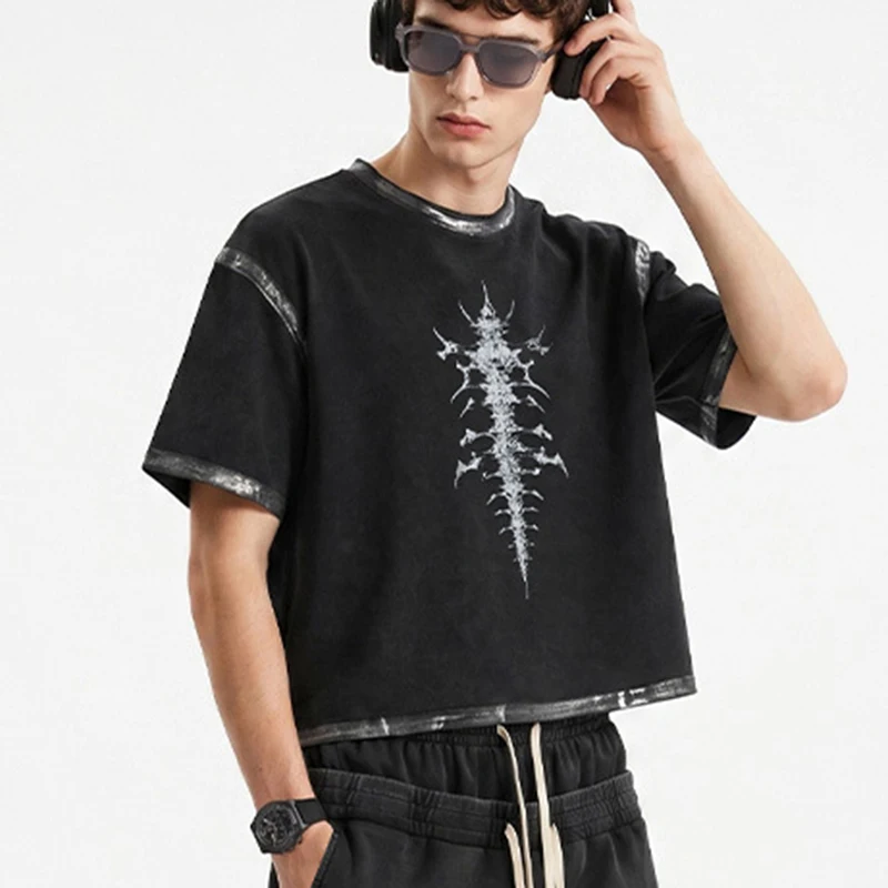 Retro Men's T Shirt Heavyweight 285g Cotton Boxy Fit Graffiti Print Distressed Edge Streetwear Casual Premium Short Sleeve Tee