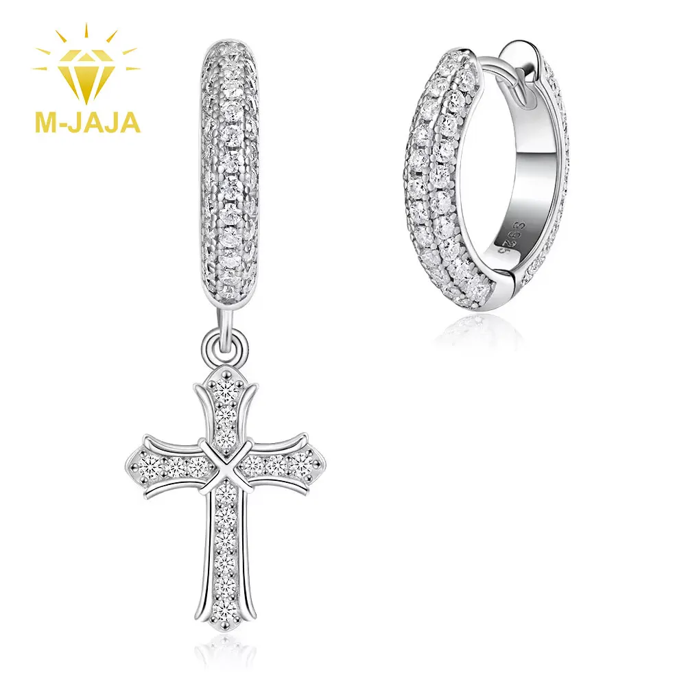 

M-JAJA Full Moissanite Earrings for Men/Women Cross Drop 925 Sterling Silver Hoop Earrings D Color VVS1 Hip Hop Couple Jewelry