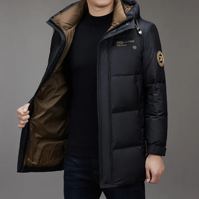 Winter Mid Length Down Jacket for Men's Hooded Warm and Loose Fitting Thickened Jacket