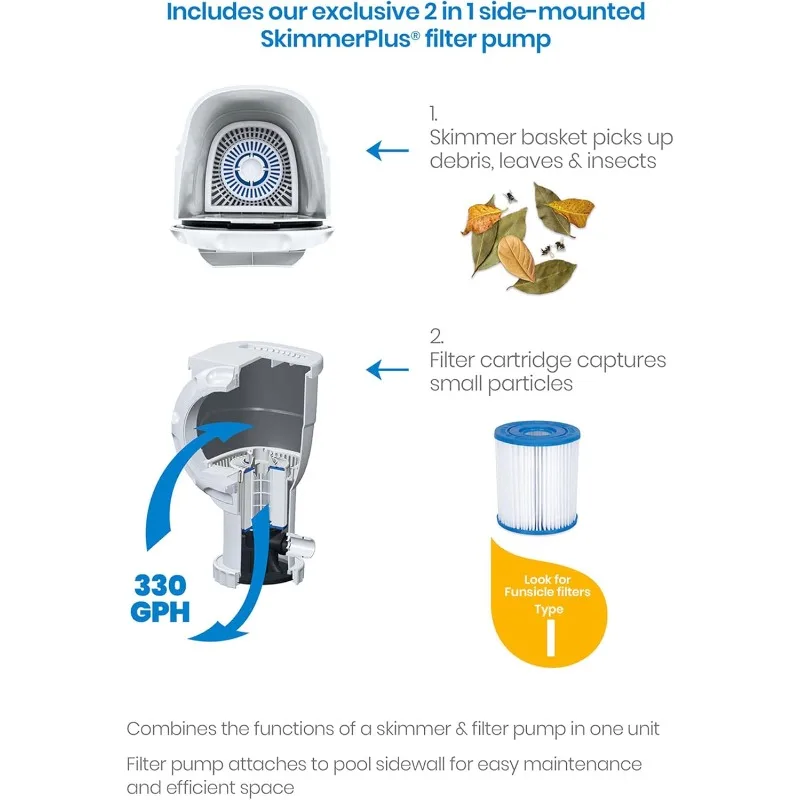 مجموعة حمام سباحة مستديرة فوق الأرض مقاس 8 × 30 بوصة مع مضخة فلتر SkimmerPlus 2 في 1 - سهلة الإعداد للفناء الخلفي