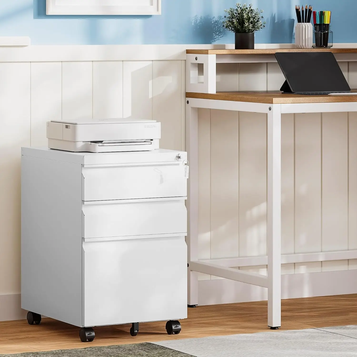 White Filing Cabinet 3 Drawers on Wheels Under Desk, Metal Rolling File Cabinet with Lock for Home Office, Small Mobile File Cab