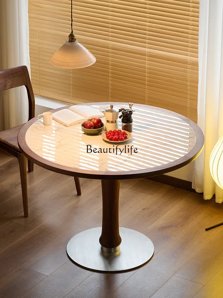 FGRound rock slab dining table, living room, household small apartment, cream wind solid wood table
