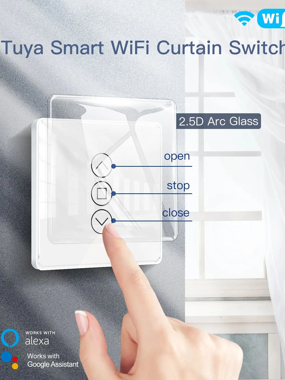 WLAN-Smart 2.5D Bogenförmiges Glas-Touchpanel Vorhangschalter für Rollos und Jalousien APP-Fernbedienung Kompatibel mit Alexa Google Home