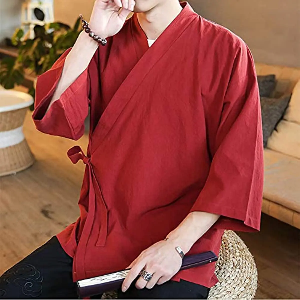 Men\'s Chinese Style Linen Cardigan Jacket Loose Kimono Jacket Solid Color Self-tie Hanfu Traditional Clothing 5XL