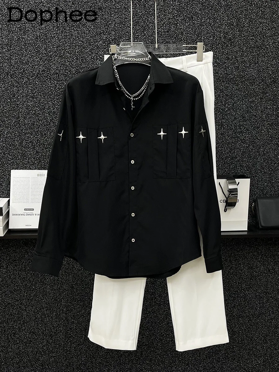 

Fashion 2024 Spring High-End Shirt Metal Decoration Long Sleeve Shirts Men's Casual Loose Comfort Solid Color Fashion Shirts