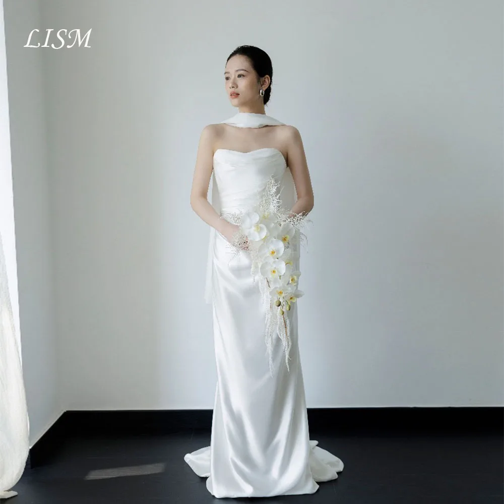 

Lism Elegant Wedding Party Dress Strapless with Scarf Pleaat Satin Mermaid Korea Bridal Reception Gown Customized Evening Gowns