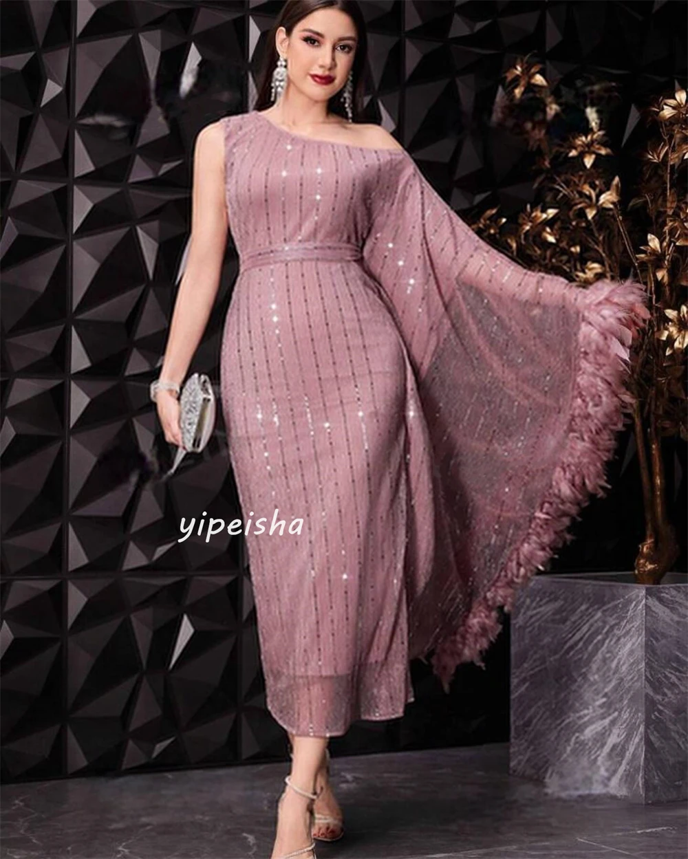 Customized Exquisite Sparkle Chiffon Feather Sequined Ruched Evening A-line One-shoulder Bespoke Occasion Gown Midi Dresses