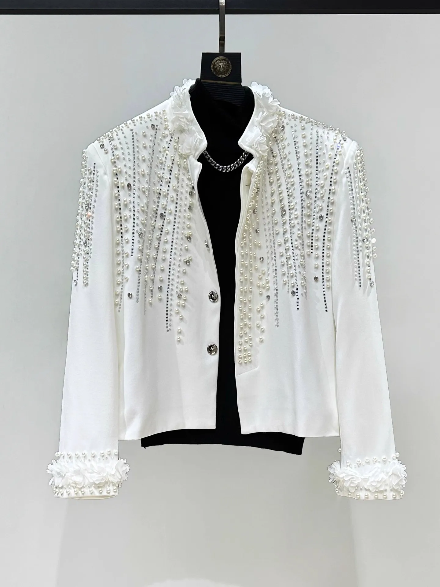 Black Short Men's Jacket Autumn 2025 Heavy Embellished Diamond Personality Stage Style Design Polyester Casual Flip Collar