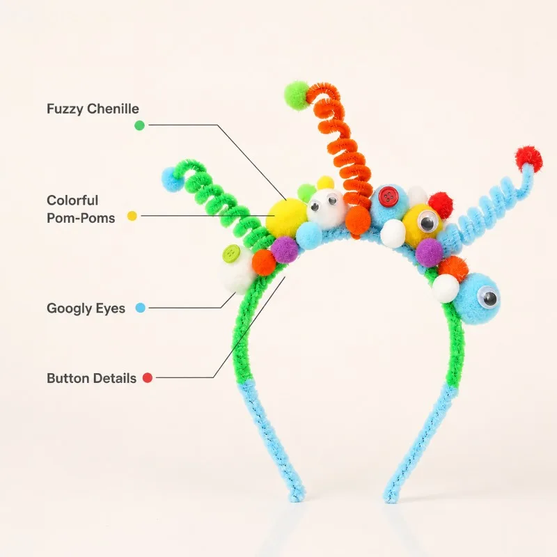 Colorful Monster Pom Pom Headband Pipe Cleaners Hair Hoop Cute Costume Accessory for Kids Birthday Halloween Party Photo Props