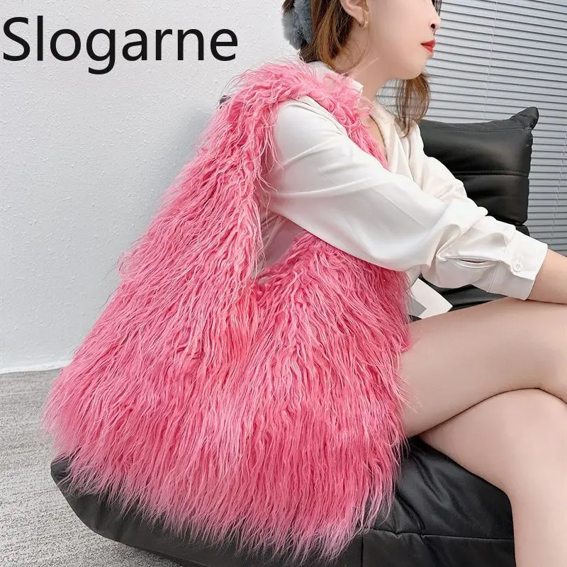

2025 New Wool Women's Plush Shoulder Bags Y2k Hot Girls Faux Fur Drawstring Bucket Bag Fashion Female Furry Purse Tote Handbags