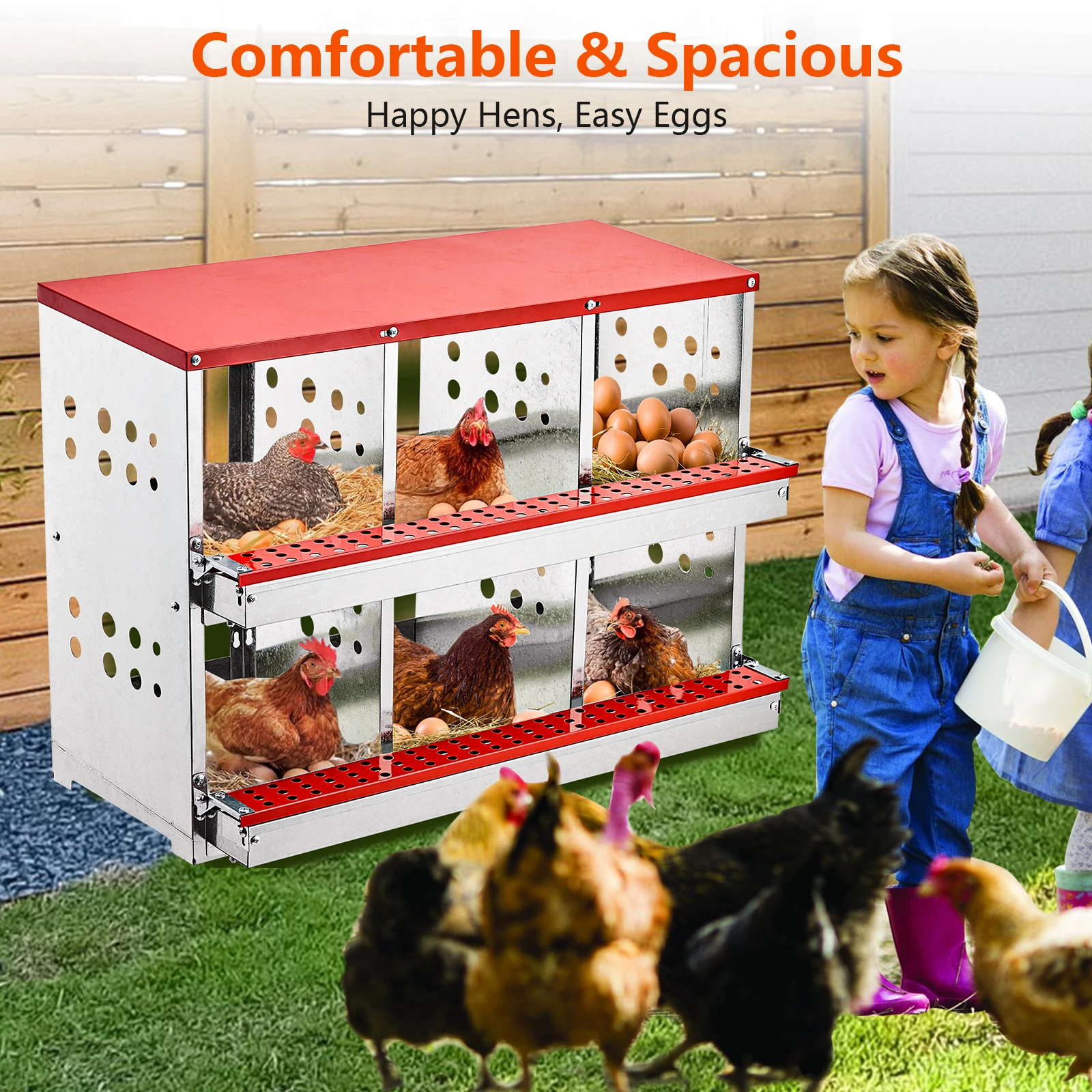 6-Compartment Metal Chicken Nesting Boxes, Wall-Mount Laying Station with Roll-Out Egg Collection, Heavy Duty Galvanized Steel Coop for Hens & Ducks