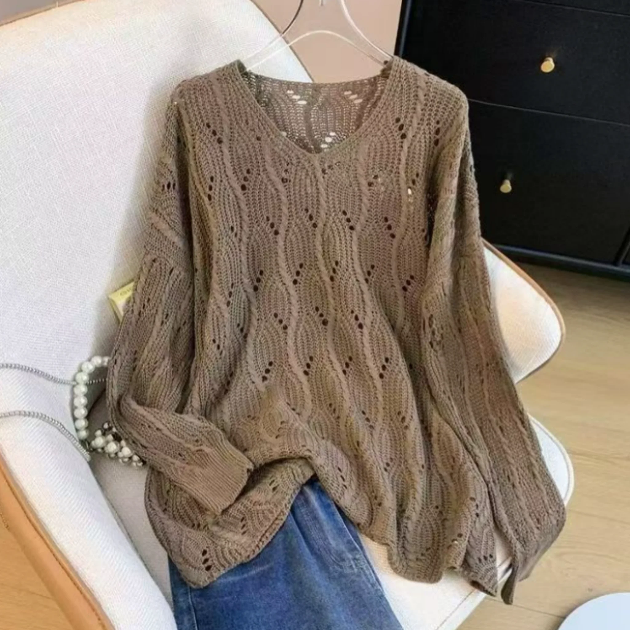Women's Casual Hollow Out Knitted Sweater Loose Y2K Grunge Pullover Vintage V-Neck Long Sleeve Knit Lightweight Oversized Tops