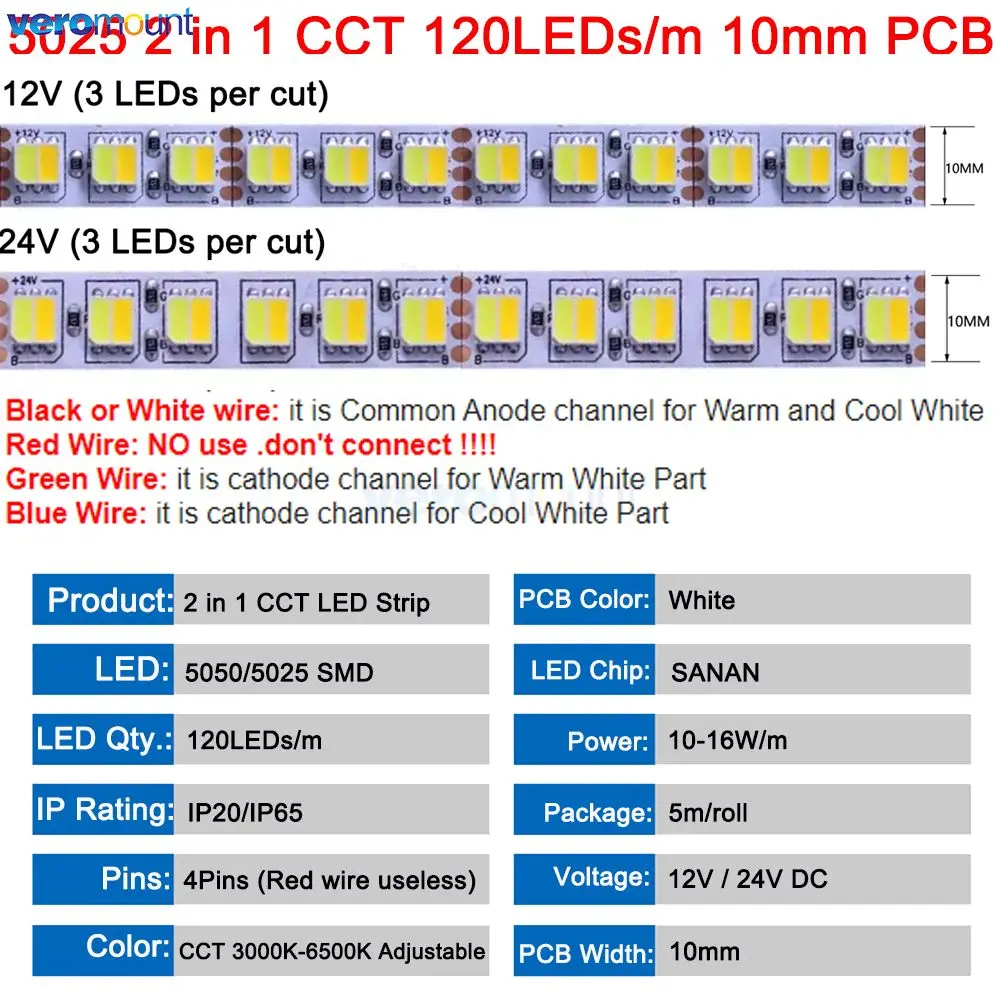 5m 5050 5025 CCT LED Strip 60LEDs/m 120LEDs/m Dual White CW+WW CCT 2 in 1 Color Temerature Ajustable LED Tape 12V 24VDC 10mm PCB