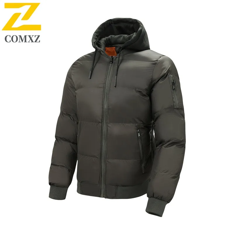 COMXZ 2025 Men Korean Shiny Hooded Thickened Winter cotton-padded Jacket Warm Tactic Waterproof and Windproof Outdoor Sport Coat