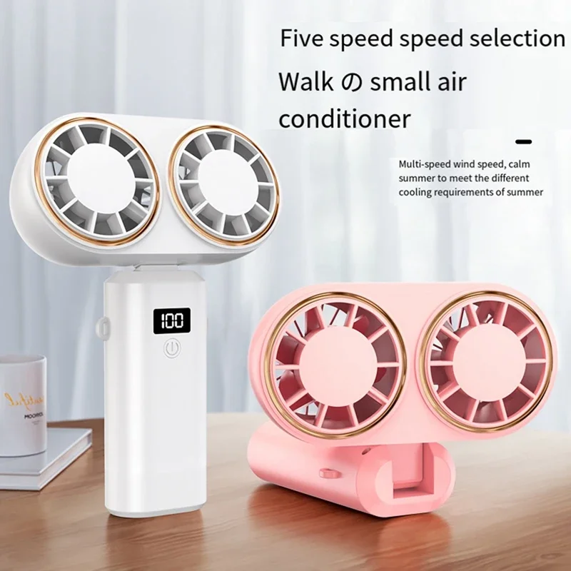 مروحة USB قابلة لإعادة الشحن برأس مزدوج 2400 مللي أمبير في الساعة، مروحة محمولة معلقة على الرقبة، سطح مكتب قابل للطي مع مروحة شاشة رقمية، سهلة الاستخدام، وردي