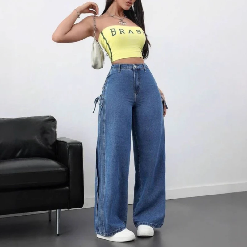 HOUZHOU Vintage Blue Jeans Women Y2k Sweet Bow Lace Up Denim Trousers High Waist Casual Baggy Straight Jeans Aesthetic
