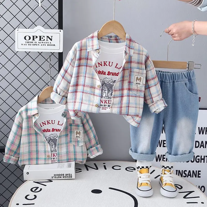 طقم أطفال للربيع والخريف قميص أطفال مربع جديد + تي شيرت + جينز طقم مكون من 3 قطع