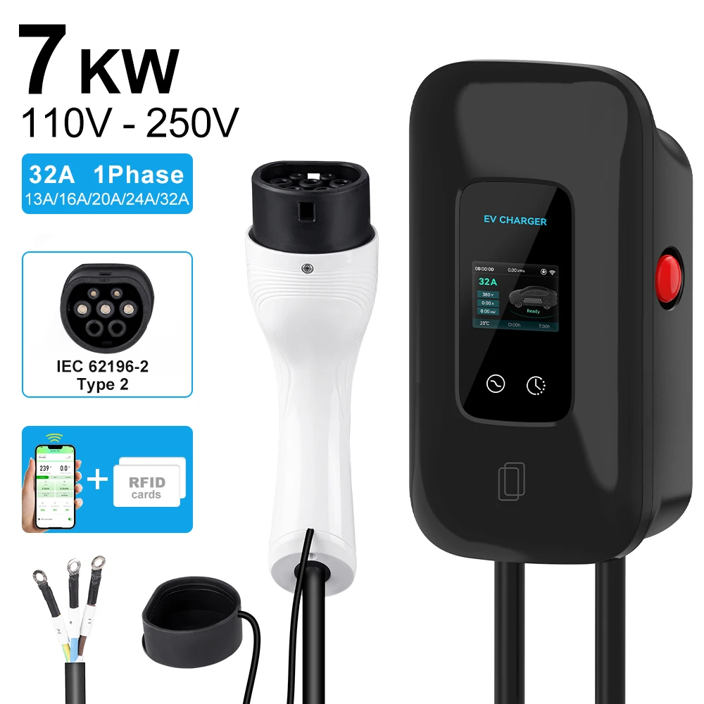 

Ev Charger 220V 7KW 32A 1 PhaseType 2 Electric Car Wall-mounted Charging Station Fast Stations With Card Swiping and APP Control