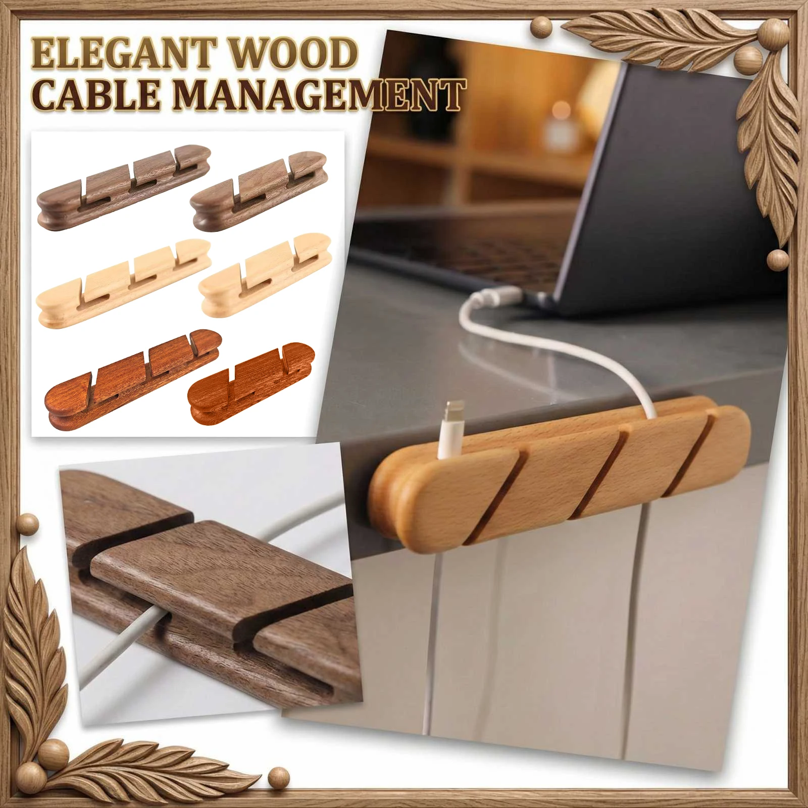 Wooden Cable Organizer Desktop Management Cable Holder Home Office Cable Clip Multi Slot Space Saving Electronics Accessory