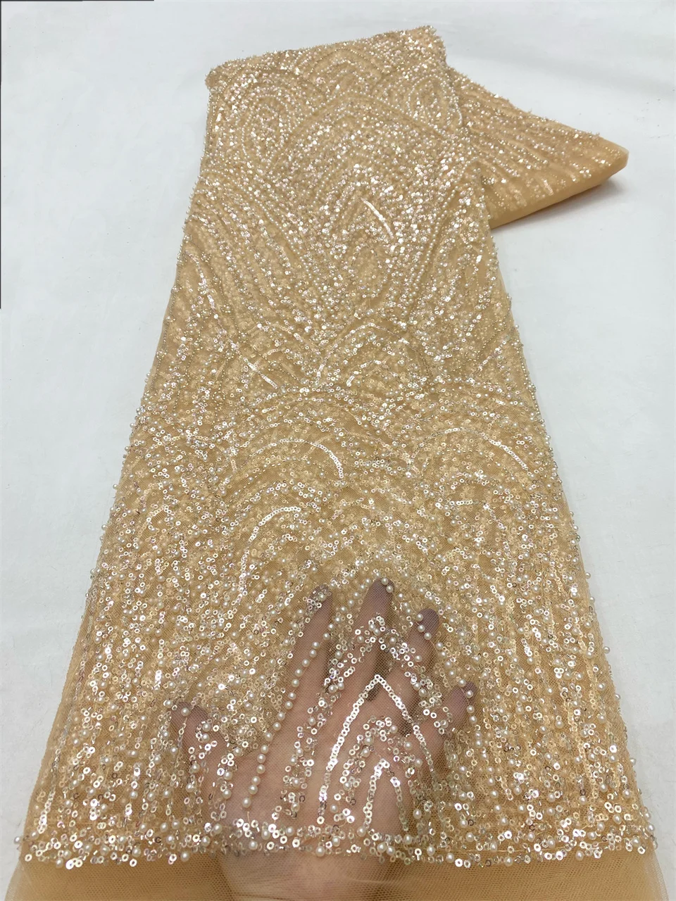 

2025 нигерийская кружевная ткань с блестками, тяжелая кружевная ткань с ручным бисером, роскошная французская кружевная ткань с вышивкой и бусинами для свадьбы NXZ6253