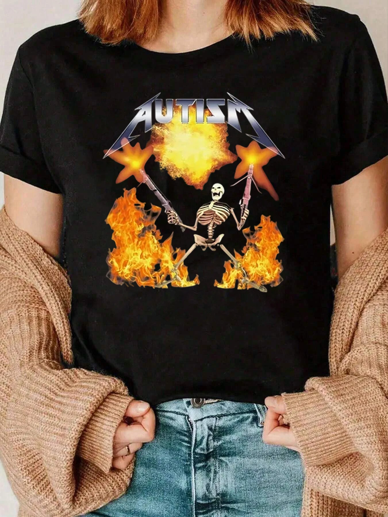 T-shirt con stampa fuoco scheletro in metallo autismo Abbigliamento casual per donna 220g
