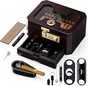 Cedar Wood Desktop Cigar Humidor with Lock, Glass Top, Hygrometer & Accessory Drawer - Complete Cigar Gifts for Men