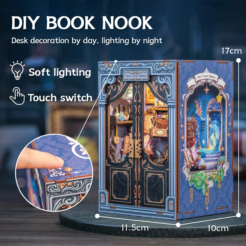 CUTEBEE Booknook DIY Miniature House with Light Wooden Bookshelf Insert Book Nook Decor for Gifts 3D Puzzle Soul Travel Agency