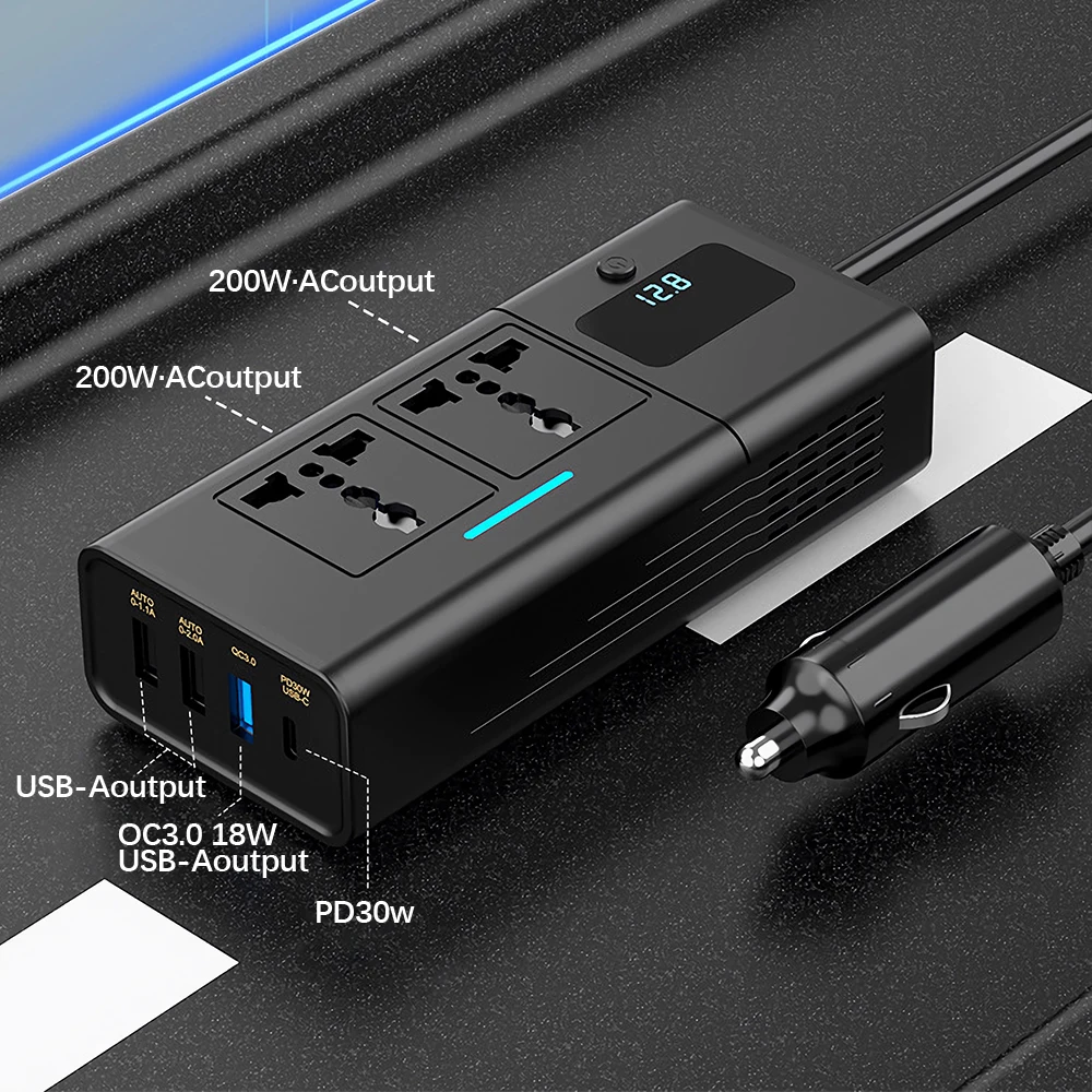 Adaptador de inversor de corriente para coche, 12V CC a CA 220V, accesorios para coche con pantalla Digital de 200W