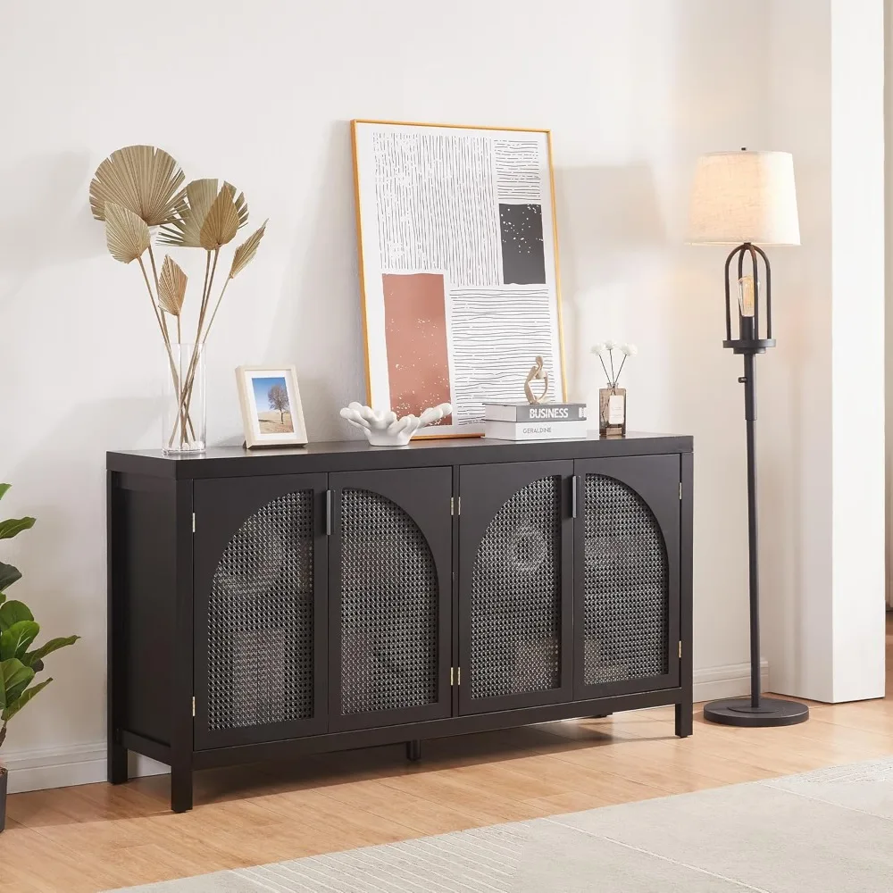 Modern Black Rattan Storage Cabinet - Freestanding Arched Buffet Sideboard with Metal Handles for Dining Room, Living Room