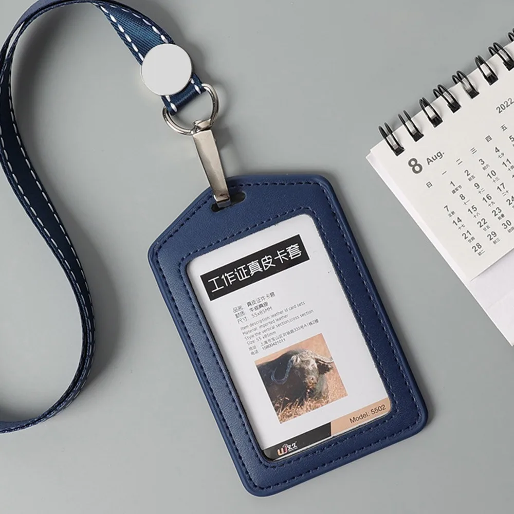 

High Quality Genuine Leather Work Card Holder With Neck Lanyard Solid Color ID Badge Holders Chest Cards Cases