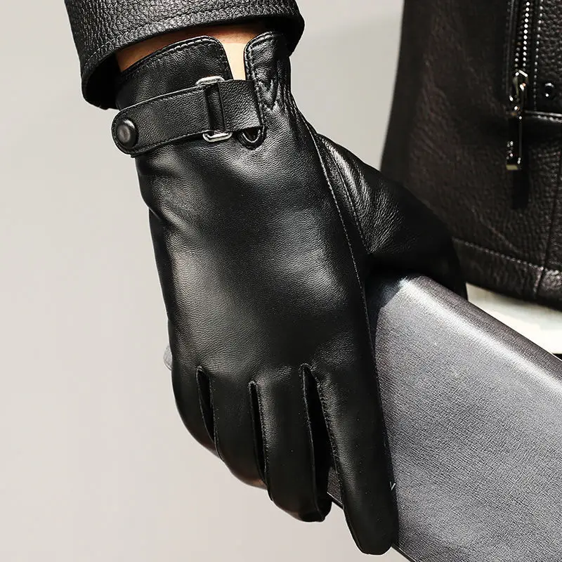 Guantes de cuero de oveja para hombre, Manoplas de alta calidad para mantener el calor, pantalla táctil, a prueba de viento, para conducir, moto, ciclismo, negocios, Invierno