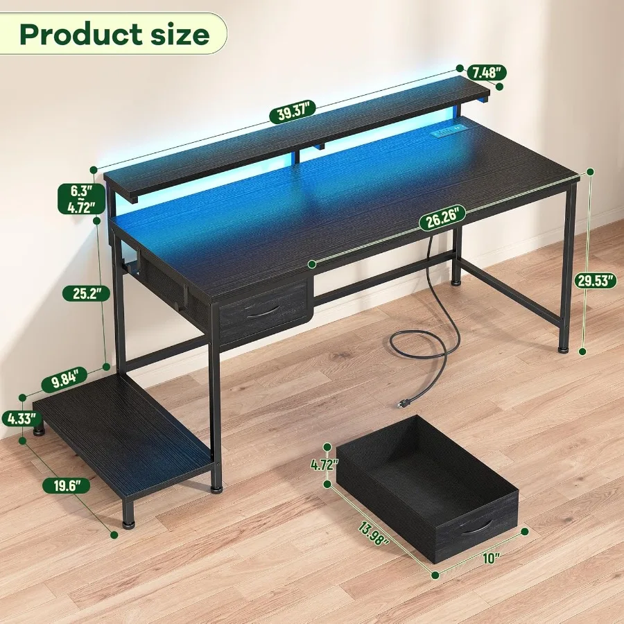39.3 Adjustable Gaming Desk with Builtin Power Outlet and Ambient LED Lights Compact Computer Desk Featuring HeightAdjustable M