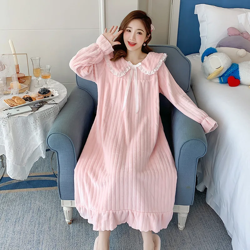 Womens Nightwear Nightdress Flannel Thickened Solid Colour Nightgown Doll Collar Student Warm Coral Velvet Ruffle Dress Robes Se 5