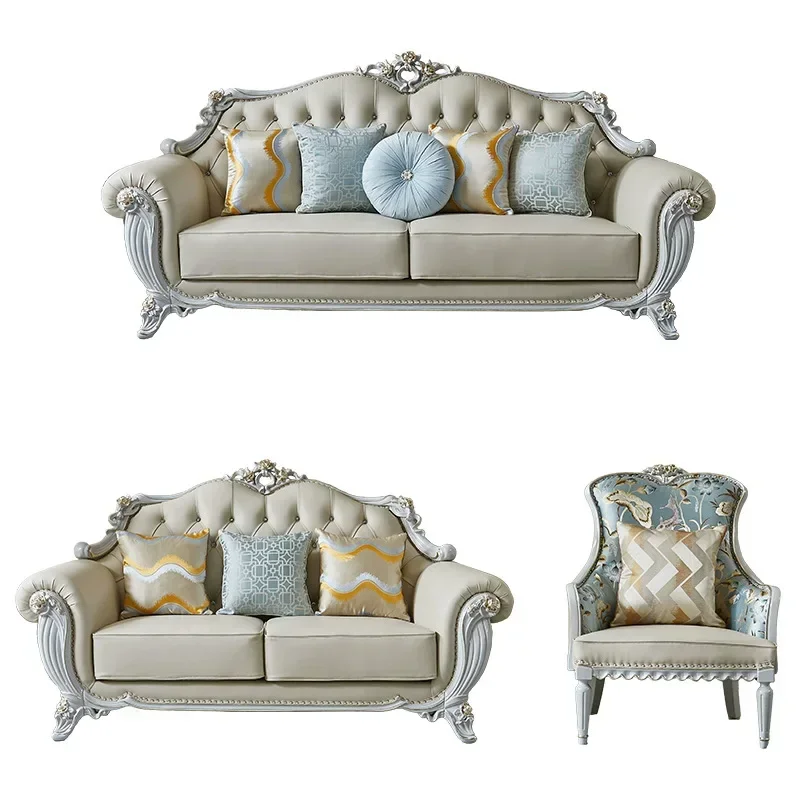 Leather sofa, solid wood double-sided carved European leather sofa