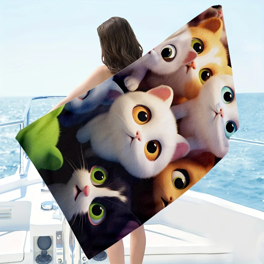 Cute Cartoon Cats Beach Towel, Adorable Kittens Group Print Oversized Bath Towel, Soft Quick Dry Cat Lover Summer Beach Blanket