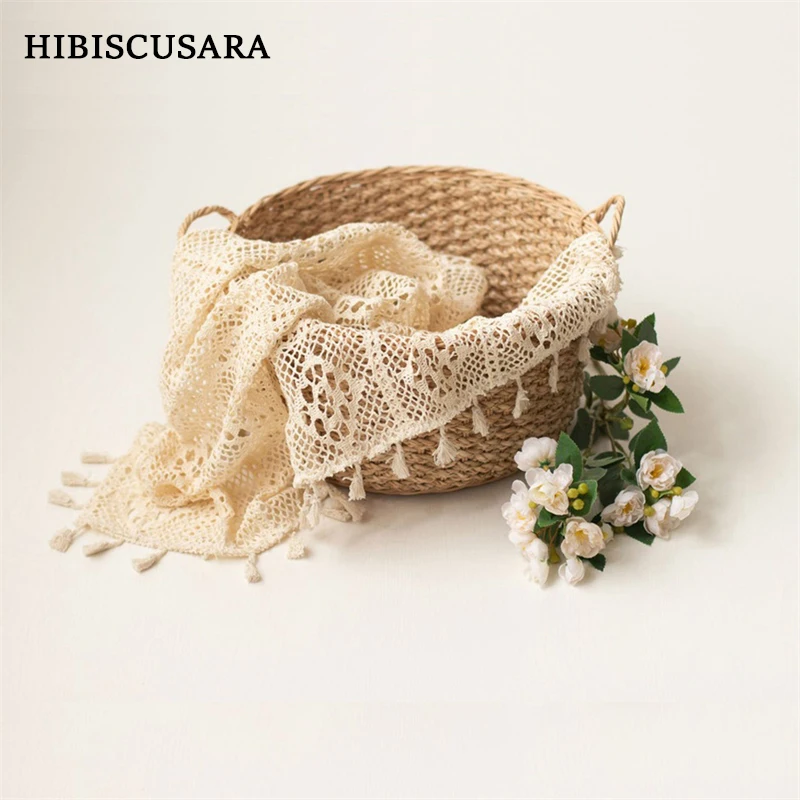 Square Lace Blanket Newborn Baby Photo Shoot Wrap Backdrop Cotton Vintafe Beige Tassel Blanket Photography Swaddle Basket Filler