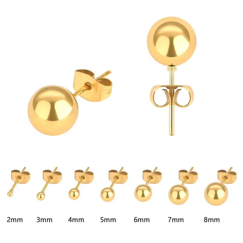 Stainless Steel Earrings Gold/Steel/Black Rod Thickness 0.8mm Ball Diameter 2/3/4/5/6/7/8mm 2 Pieces/Pack Simple And Fashionable