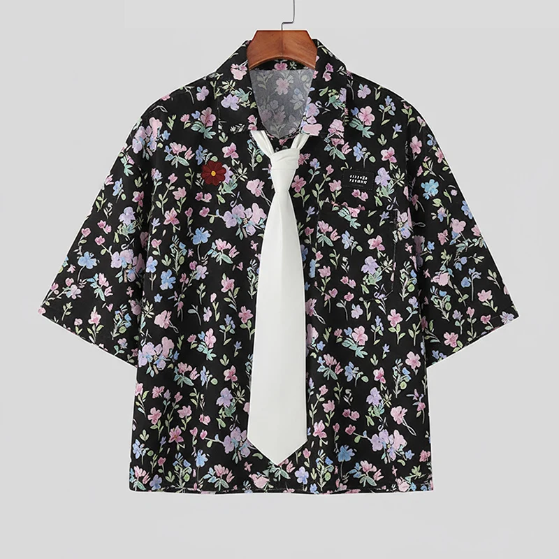 

INCERUN Мужская рубашка с цветочным принтом и галстуком в стиле пэчворк с лацканами и половиной рукава, мужские топы, уличная одежда, свободная корейская модная повседневная мужская одежда