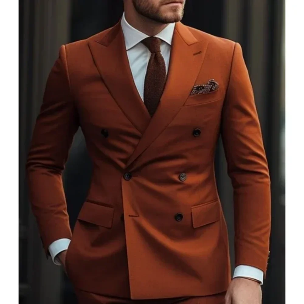 

2026 Fashion Costumes Yellow Jacket Pants 2 Piece Double Buttons Party Tuxedo Men Suits For Wedding Groom