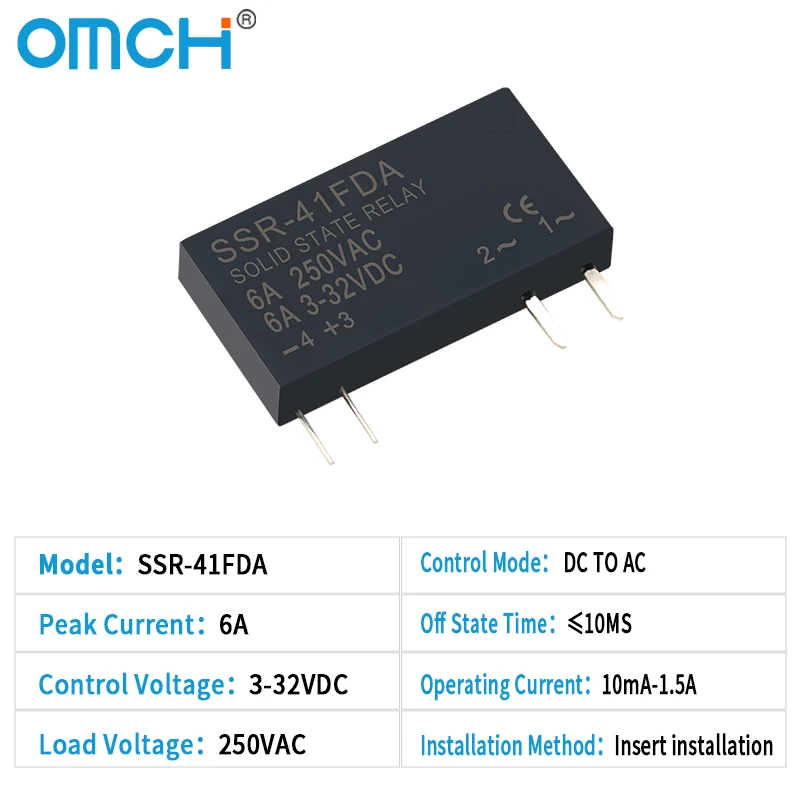 OMCH Thin Profile Solid State Relay Module 250VAC 3-32VDC 6A DC-AC DC-DC SSR Buffer Circuit Resistor Relay SSR-41FDA SSR-41FDD