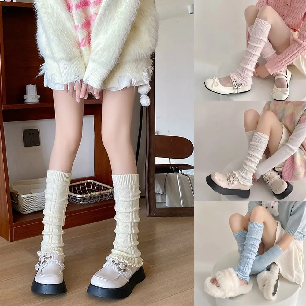 Japanese Lolita Fashion Leg Warmers Knitted Foot Cover Acrylic Stacked Socks Lace Warmth Knee Socks JK Sock Covers