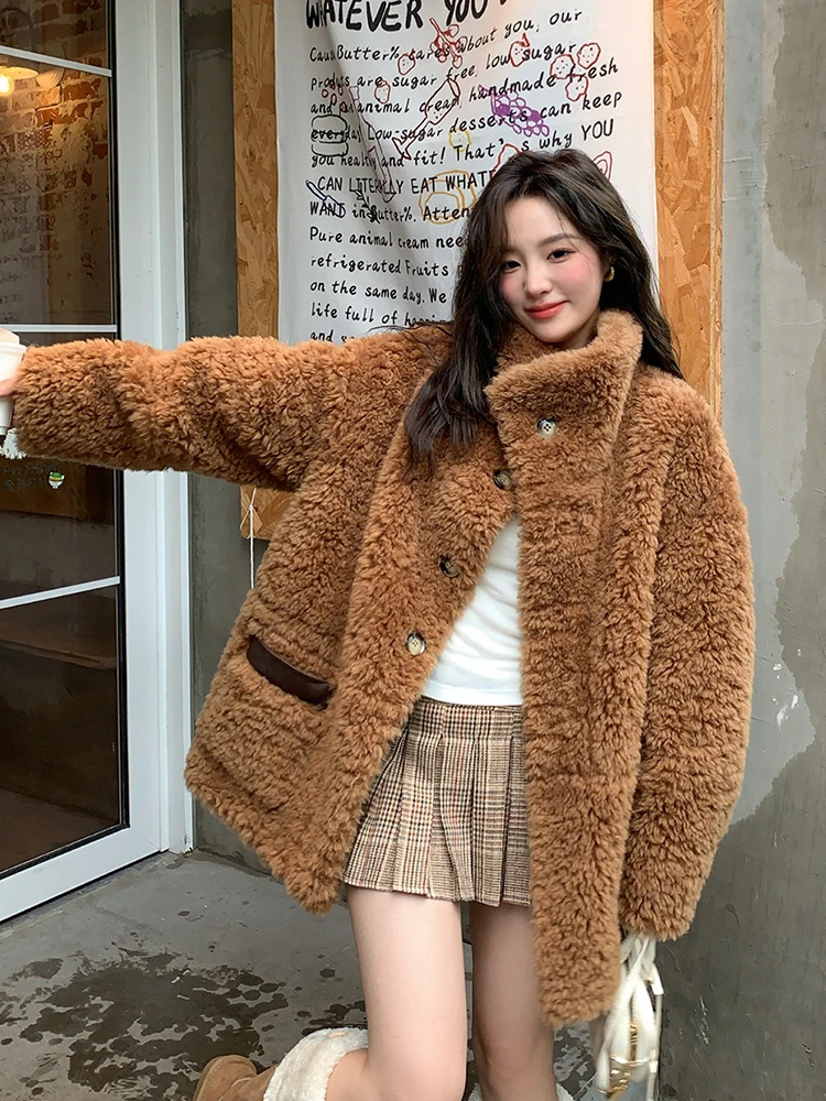 BZVW Contrast Color Double-faced Fur Coat Women 2024 Winter New Stand Collar Single Breasted Casual Jackets Temperament 25Z1228