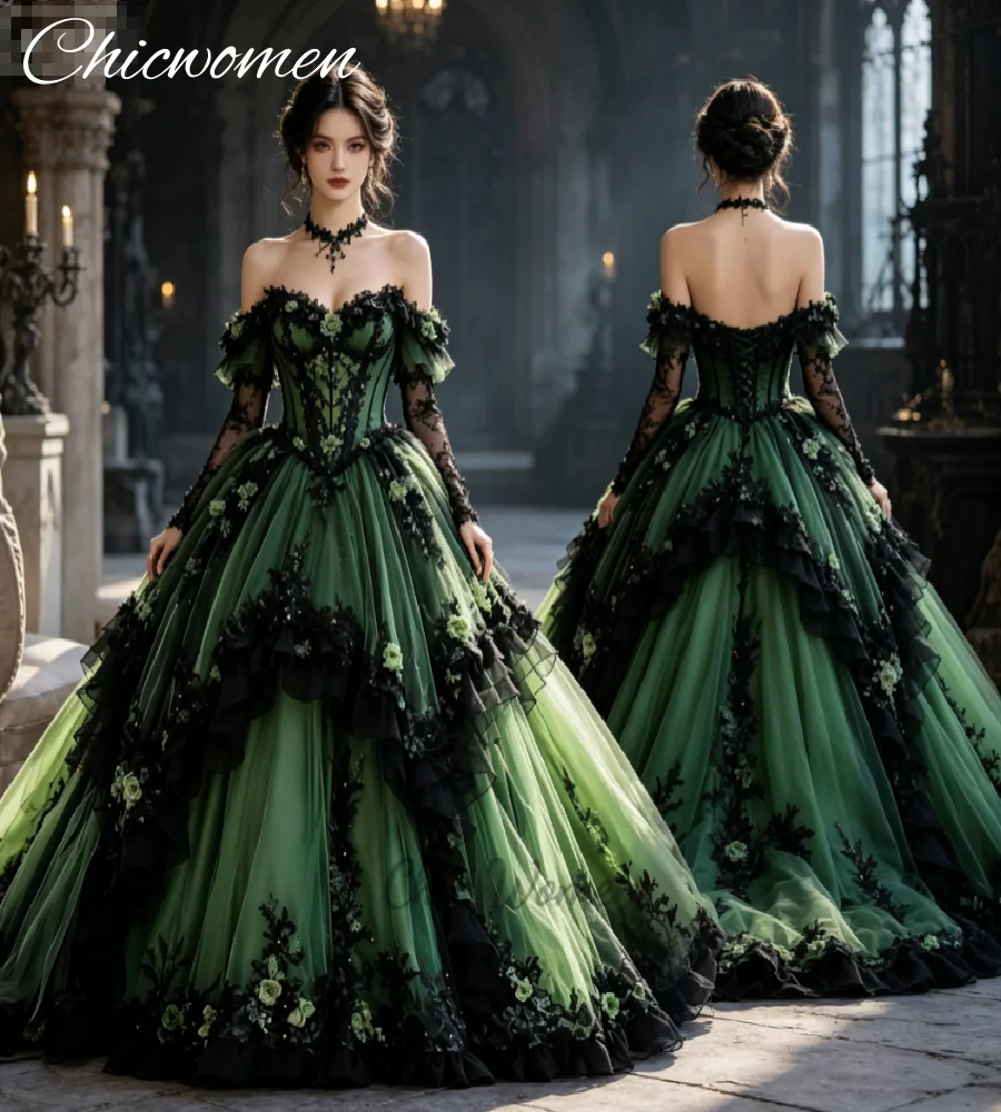 Green Black Gothic Ball Gown Wedding Dress 2026 Enchanted Forest Aesthetic Puff Sleeves 3D Florals Bridal Dresses Medieval Party