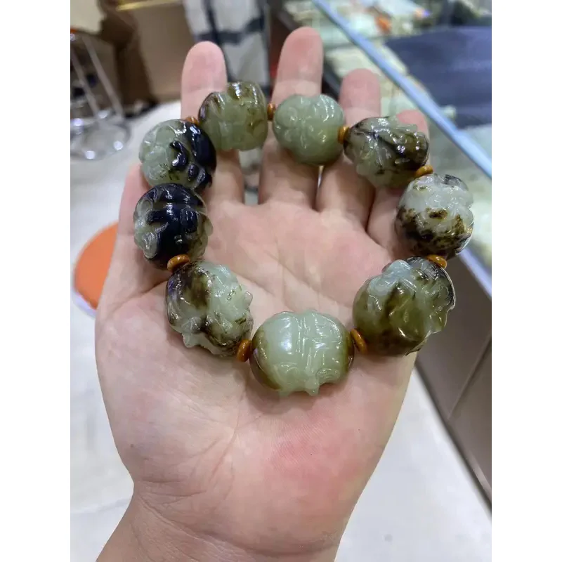 

Natural authentication Hotan jade bracelets Rare colour Hand carved lucky Arhat head necklace Bracelet Unisex style Jewelry Acce