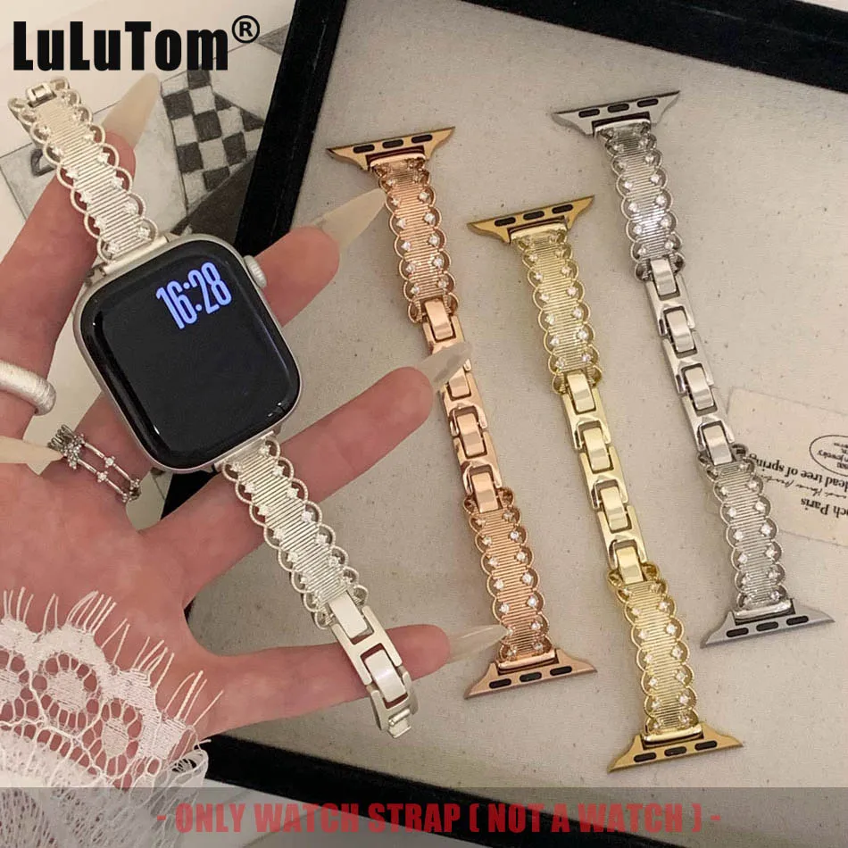 

Женский роскошный ювелирный ремешок для Apple Watch Series 11, 10, 9, 8, 7, 6 SE UItra iWatch 49/46/45/44/42/41/40/38 мм, кружевной браслет с цирконом