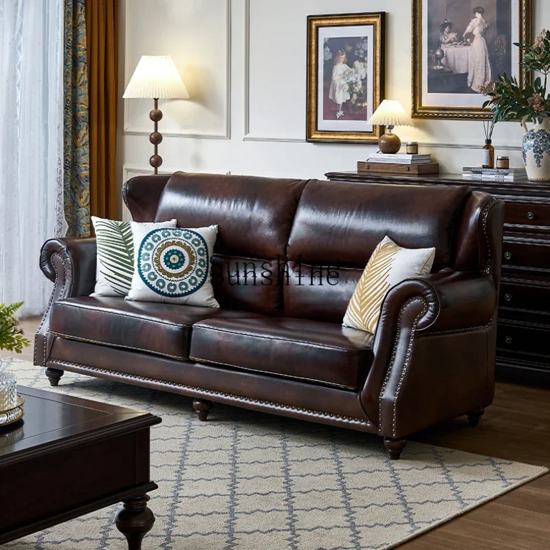 

American leather solid wood antique first layer cowhide brown straight row living room sofa