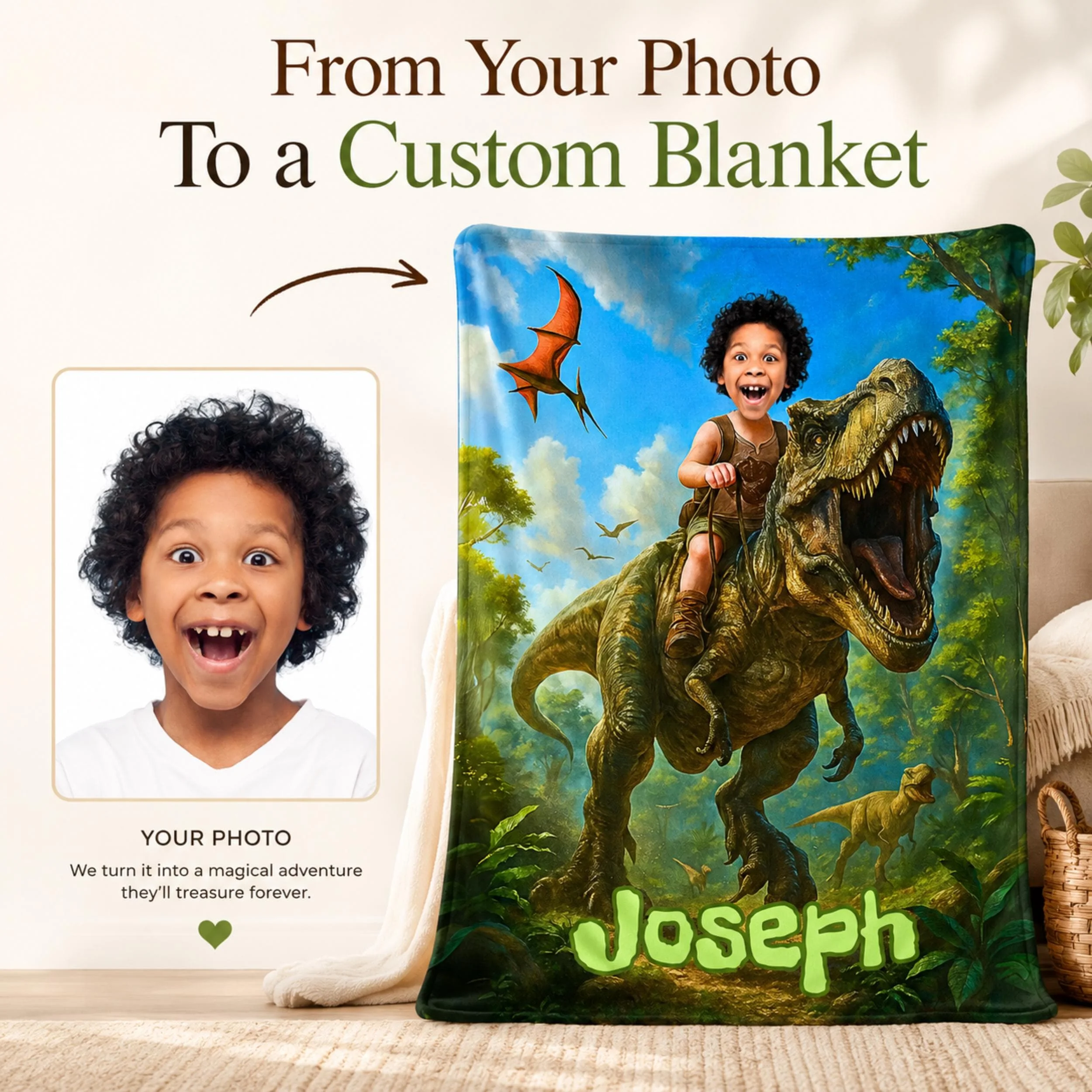 Personalized Dinosaur Blanket with Child’s Photo and Name, Custom Dino Riding Design for Kids.