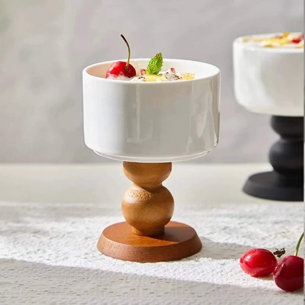 Creative French Ceramic Goblet Dessert Ice Cream Snack Plate Tea Fruit Saucer Pudding Cup Wooden Handle High-legged Cup