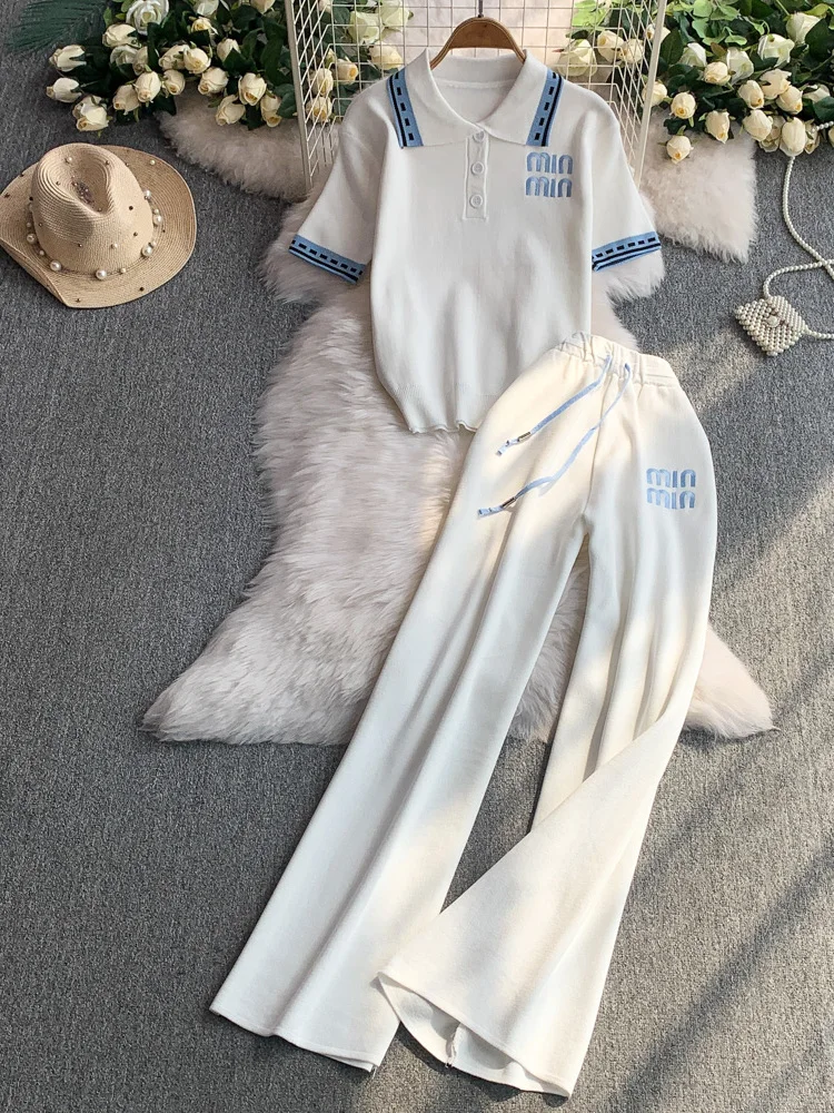 

College style temperament letters embroidery lapel short sleeved knitted T-shirt top set high waist slimming wide leg pants