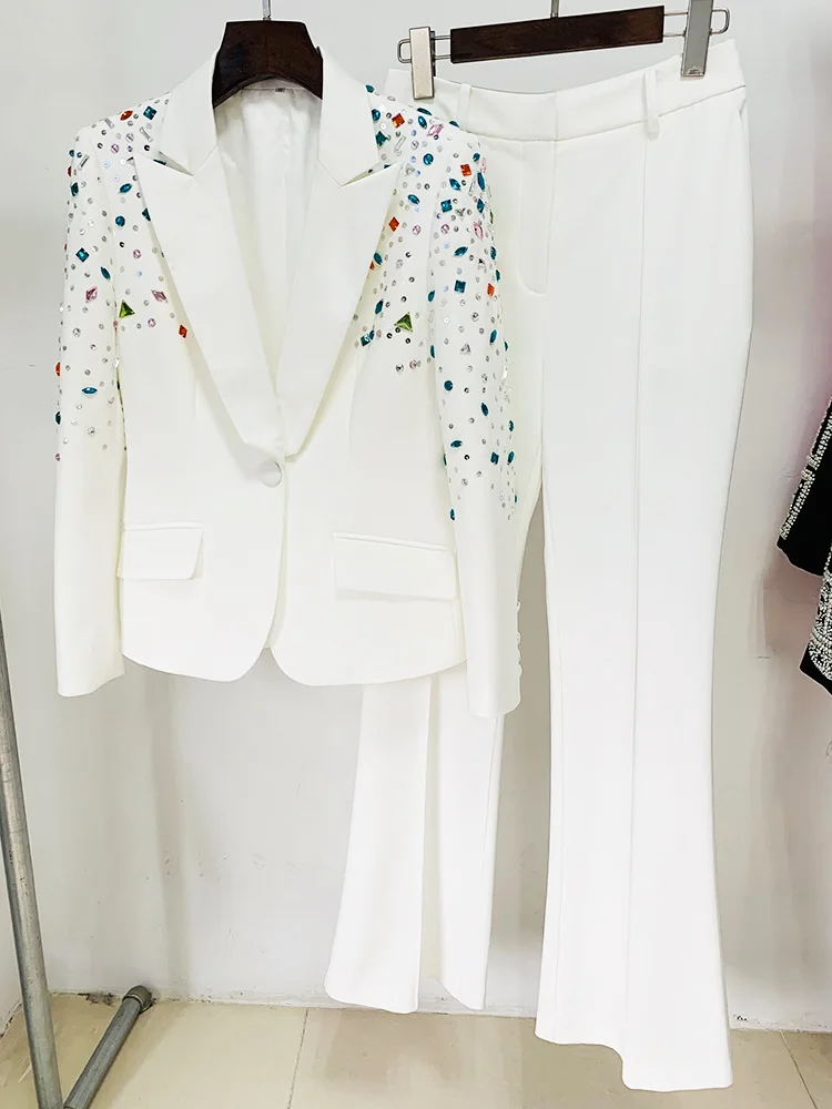 

2023 Spring Chic OL Suits Fashion Women's High Quality White Diamonds Blazers Jackets+Pants Two Piece Set C179